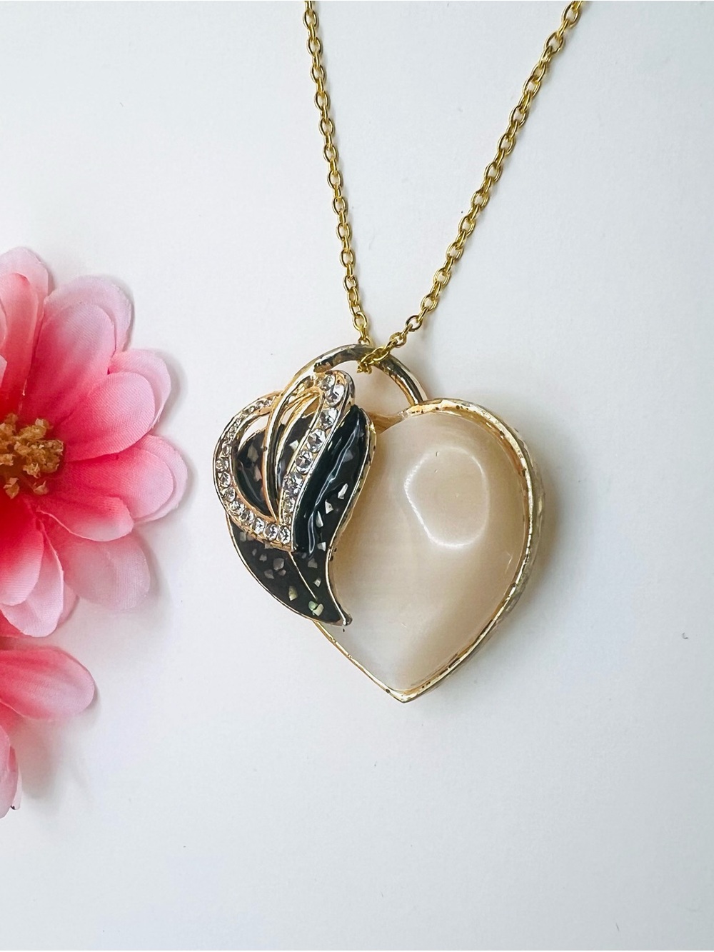 Gold Heart Pendant Necklace with pearl like Stone and Black Enamel leaf